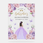 15歳の誕生日 紫のブッシュ ゴールドの花の歓迎 アクリルサイン (正面)