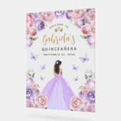 15歳の誕生日 紫のブッシュ ゴールドの花の歓迎 アクリルサイン (傾斜)