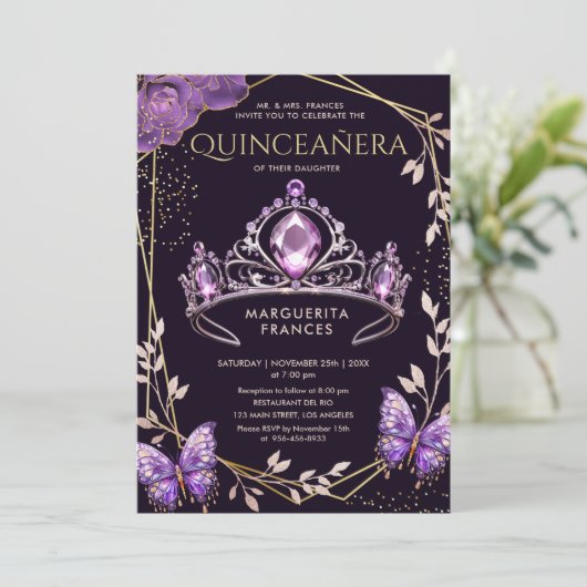15歳の誕生日 紫色のティアラ 花 蝶 エレガント 招待状 (スタンド正面)