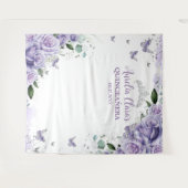 15歳の誕生日 紫 16 枚の紫のバラの花と蝶の背景 タペストリー (正面(横))