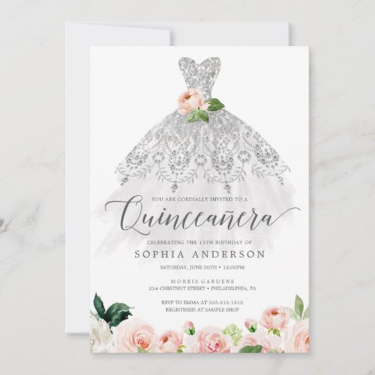 15歳の誕生日 豪華な花のドレス クイーンセニョーラ 招待状 (正面)