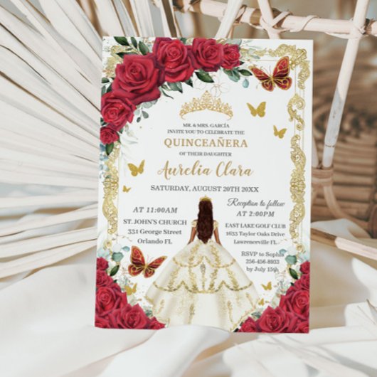 15歳の誕生日 赤いバラの花 フローラル アイボリー ドレス プリンセス 招待状