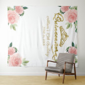 15歳の誕生日 金箔のティアラ ピンクの花の背景 タペストリー (インサイチュ(横))