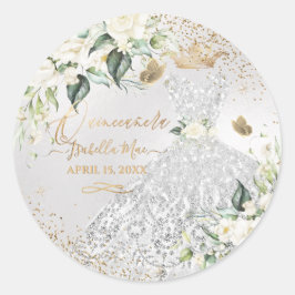 15歳の誕生日 銀色ドレス ゴールドグリッター クリーム色のバラC ラウンドシール