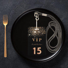 15歳の誕生日 黒金グリッター VIP 招待状 バッジ
