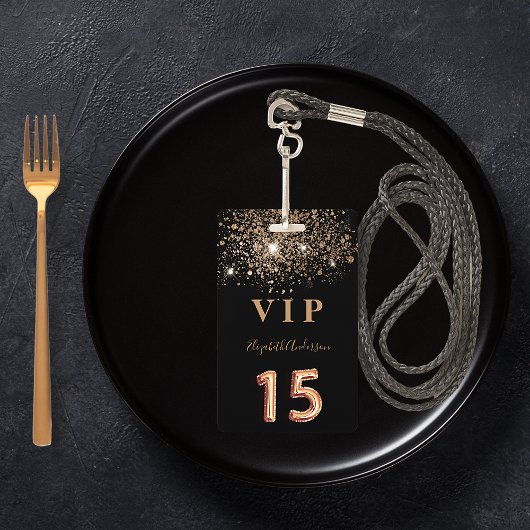 15歳の誕生日 黒金グリッター VIP 招待状 バッジ