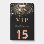 15歳の誕生日 黒金グリッター VIP 招待状 バッジ (正面)