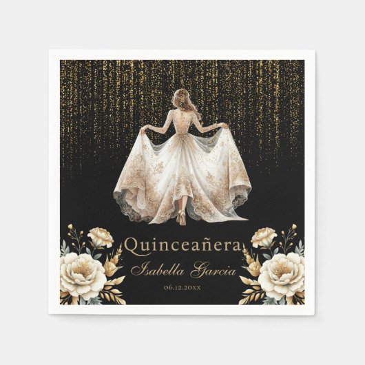 15歳の誕生日 黒 アイボリー ゴールド 水彩画 スタンダードカクテルナプキン (正面)