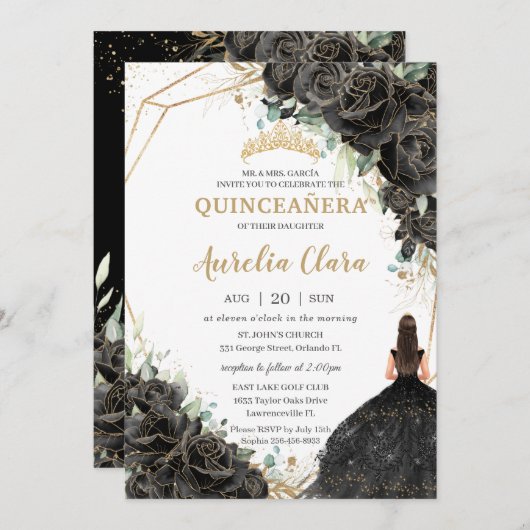 15歳の誕生日 黒 花 ローズ ドレス 金の王冠 招待状 (正面/裏面)