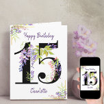 15歳フローラパーソナライズされた15誕生日 カード<br><div class="desc">15パーソナライズされた番目の誕生日カード（15歳）。このフローラデザインはっきりしたは15番飾目の藤の花と紫、薄紫、ピンク、緑の色合いの葉を持つ。テンプレートは、前面の名前と内部のメッセージをパーソナライズするように設定されている。</div>