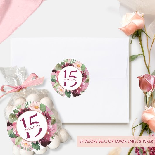 15歳（またはその他の）誕生日、バーガンディ マロン フローラル ラウンドシール