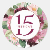 15歳（またはその他の）誕生日、バーガンディ マロン フローラル ラウンドシール (正面)