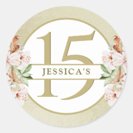 15歳（またはその他）の誕生日、シャンパンゴールドの花模様 ラウンドシール