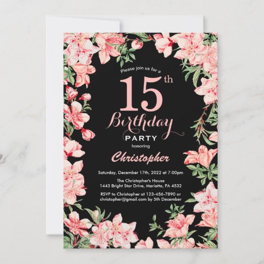 15番目の誕生日ピンクフローラの花(黒) 招待状 (正面)