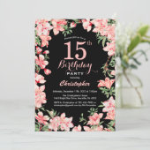 15番目の誕生日ピンクフローラの花(黒) 招待状 (スタンド正面)