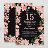 15番目の誕生日ピンクフローラの花(黒) 招待状 (正面/裏面)
