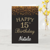 15番目の誕生日ブラック&金ゴールドグリッターカード カード (黄色い花)