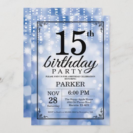15番目の誕生日招待状ブルーグリッター 招待状 (正面/裏面)