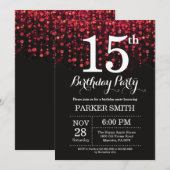 15番目の誕生日招待状レッドグリッター 招待状 (正面/裏面)