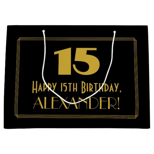 15番目の誕生日:インスパイアアールデコの「15」の外観と名前 ラージペーパーバッグ (正面)