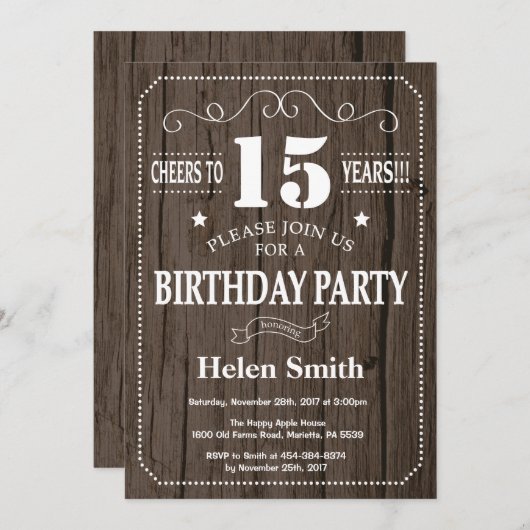 15素朴番目の誕生日招待状 招待状 (正面/裏面)