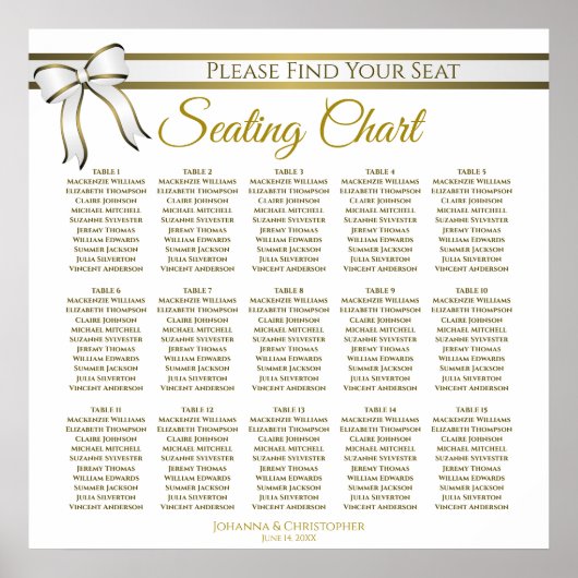 15表(白と金ゴールド)の結婚座席表 ポスター (正面)