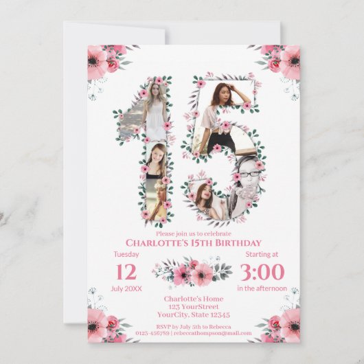 15誕生日ガール写真コラージピンクフラワーホワイト 招待状 (正面)