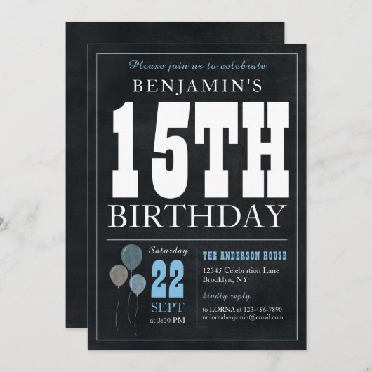 15誕生日シャルボードブルーバルーンシ素朴ック 招待状 (正面/裏面)