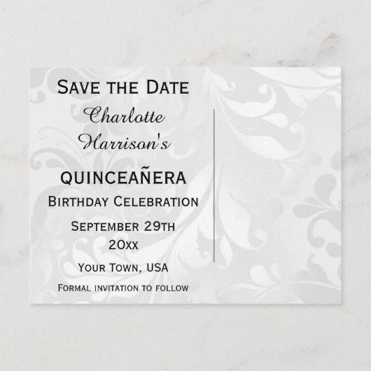 15誕生日ダマスクフェイクと弓の日付を保存 案内ポストカード (裏面)