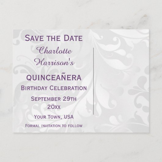 15誕生日ダマスクフェイクと弓の日付を保存 案内ポストカード (裏面)