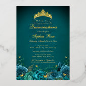 15誕生日ティール（緑がかった色）フローラ蝶キンセアニェラ 箔招待状 (正面)