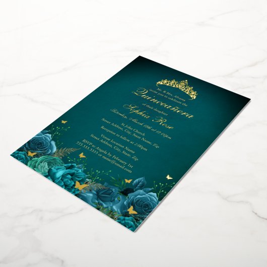15誕生日ティール（緑がかった色）フローラ蝶キンセアニェラ 箔招待状 (回転した状態)