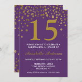 15誕生日パープル金ゴールドドットクインセアニラ 招待状 (正面/裏面)