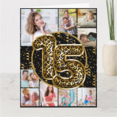 15誕生日ヒョウ印刷金ゴールドバルーン写真 カード (正面)