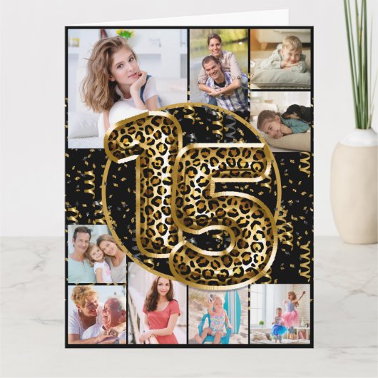 15誕生日ヒョウ印刷金ゴールドバルーン写真 カード (正面)