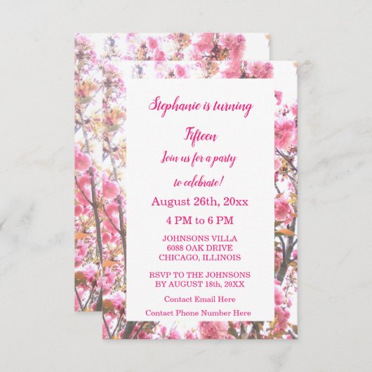 15誕生日ピンクさくらんぼフローラキンセアニェラ 招待状 (正面/裏面)