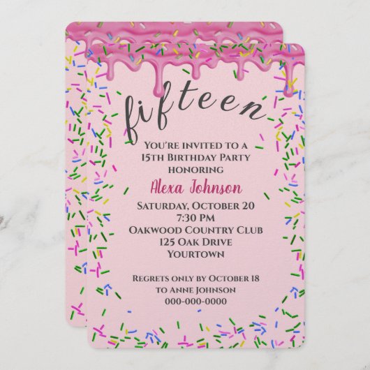 15誕生日ピンク色のアイシングと散水 招待状 (正面/裏面)