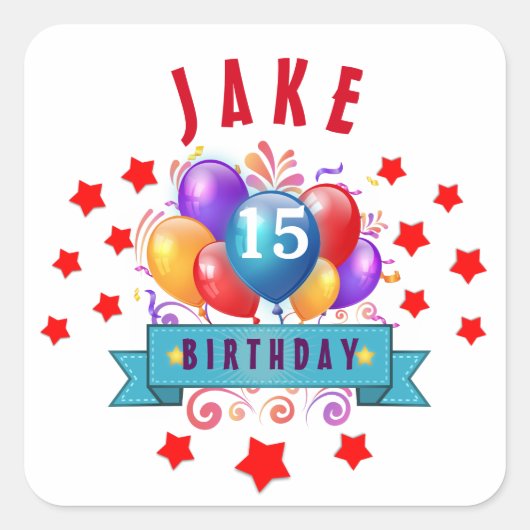 15誕生日フェスティバル風船と赤星104Z スクエアシール (正面)