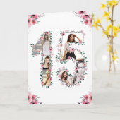 15誕生日フォトコラージガールピンク花白 カード (黄色い花)