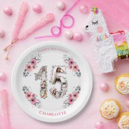 15誕生日フォトコラージガールピンク花白 ペーパープレート