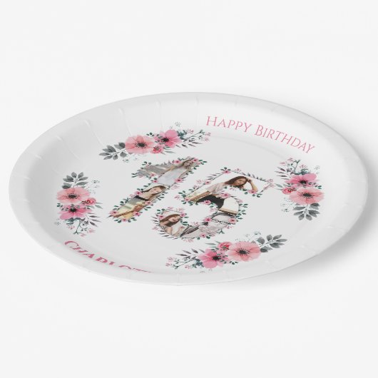 15誕生日フォトコラージガールピンク花白 ペーパープレート (アングル)