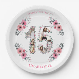 15誕生日フォトコラージガールピンク花白 ペーパープレート