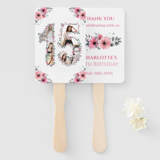 15誕生日フォトコラージピンクガールフラワーホワイト ハンドファン (正面&裏面)