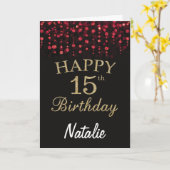 15誕生日ブラックとレッドの金ゴールドグリッターカード カード (黄色い花)