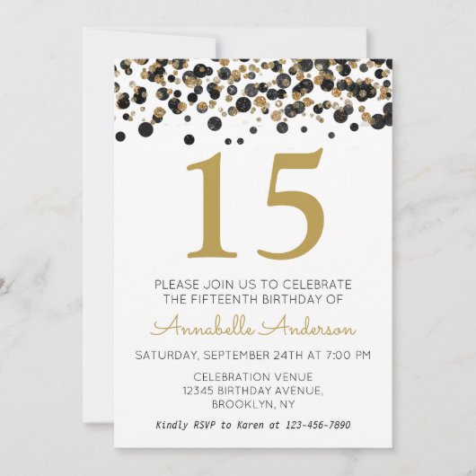 15誕生日ブラック金ゴールドグリッタースパークル紙吹雪 招待状 (正面)