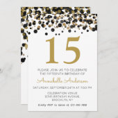 15誕生日ブラック金ゴールドグリッタースパークル紙吹雪 招待状 (正面/裏面)
