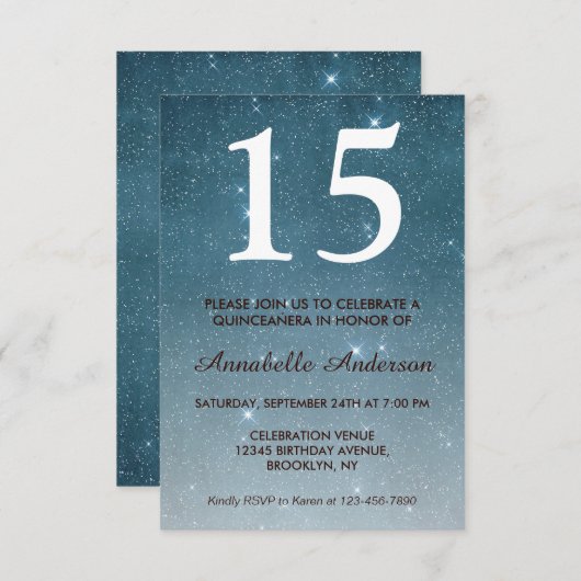 15誕生日ブルーミッドナイトスカイスターズキンセアニラ 招待状 (正面/裏面)