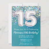 15誕生日招待状ティール（緑がかった色）銀グリッター 招待状 (正面)
