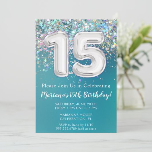 15誕生日招待状ティール(緑がかった色)銀グリッター 招待状 (スタンド正面)