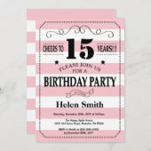 15誕生日招待状ピンクと白ストライプ色 招待状 (正面/裏面)